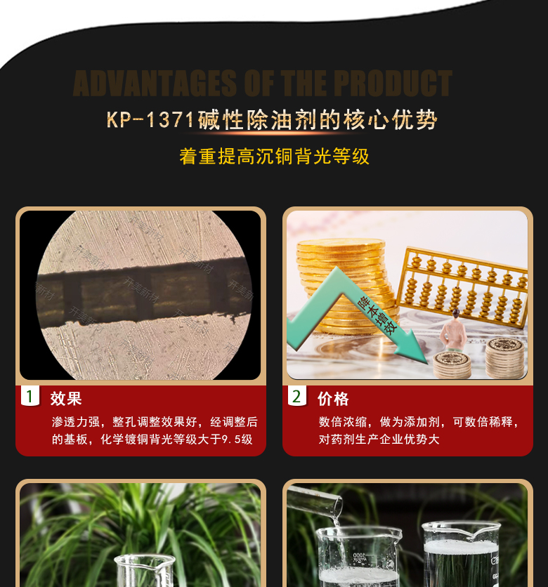 產(chǎn)品名稱：堿性除油劑KP-1371  生產(chǎn)企業(yè)：湖南開(kāi)美新材料科技有限公司  特點(diǎn)及應(yīng)用：本品是一款潤(rùn)濕性、耐受性、使用壽命都好PCB印制電路板PTH清潔調(diào)整劑。KP-1371可提升化學(xué)銅背光等級(jí)，其還有一個(gè)優(yōu)勢(shì)是，體現(xiàn)在低的鈀消耗量。該品適用于中高Tg多層及多大孔徑比的FR-4等基材的電荷調(diào)整劑。  定制開(kāi)發(fā)說(shuō)明：開(kāi)美新材專注于配方型產(chǎn)品研制，可對(duì)國(guó)內(nèi)外來(lái)樣進(jìn)行解析分析，配方提高?？筛鶕?jù)客戶需求提供個(gè)性化、定向產(chǎn)品研制生產(chǎn)。